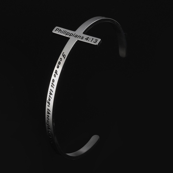 Inspirational Cuff Cross Bangle, "Philippians 4:13 - Picture 4 of 4